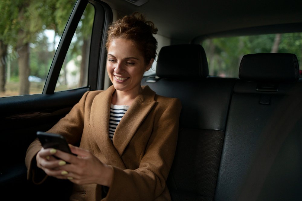 Pasajera disfrutando de un traslado confortable con Taxi Transfer Madrid, sentada en el interior de un vehículo moderno durante un viaje desde Madrid a Toledo.